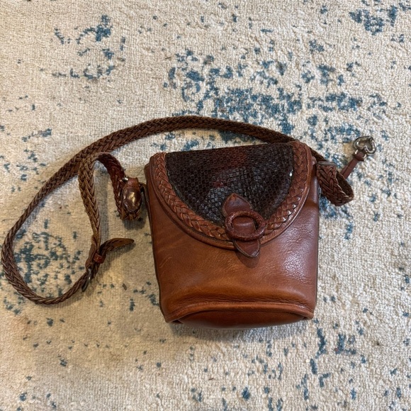Brighton Handbags - Brighton Brown Leather Woven Strap Ring Buckle Flap Closure Crossbody Bag